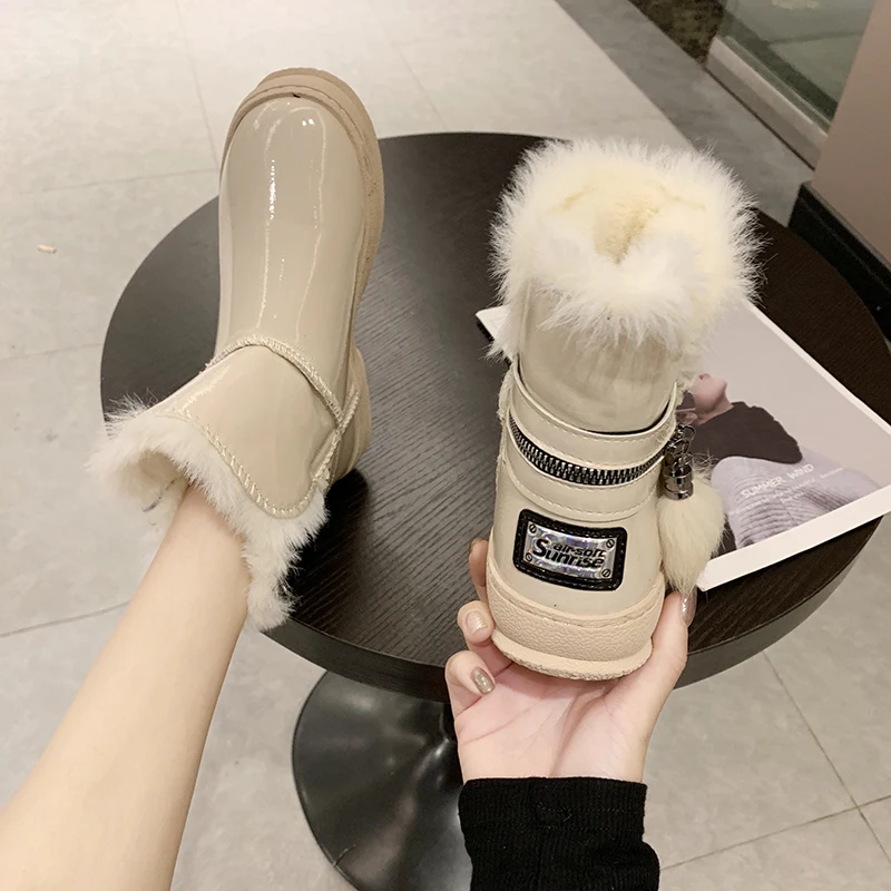 Snow boots patent leather women short boots winter wild plus velvet flat bottom white bright face Martin boots women boots