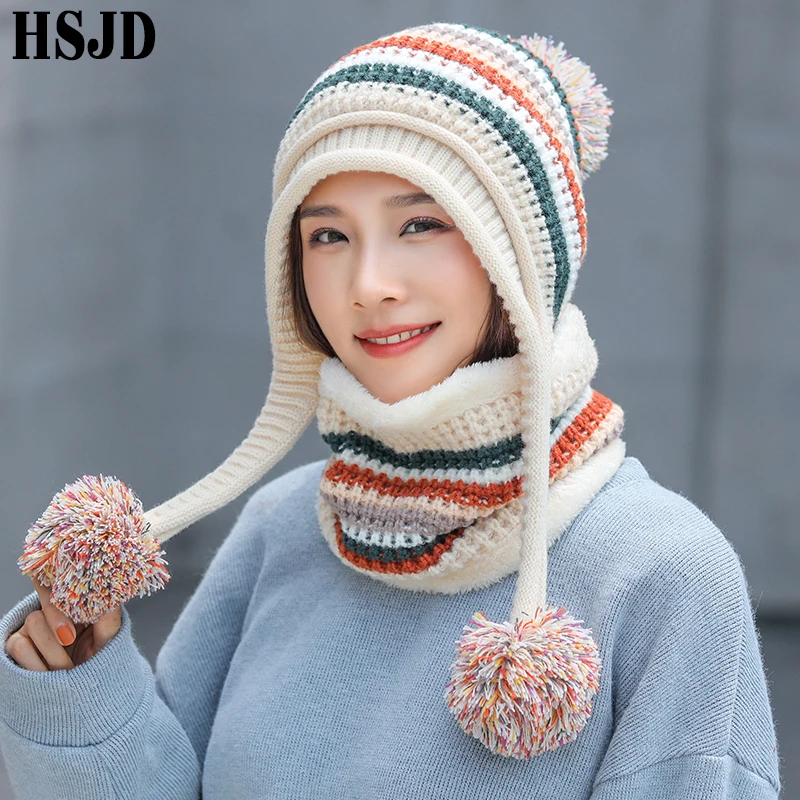 Six-Color Stripe Winter Women Knitted Hat Scarf 2 Pieces Set Three Pompom Ear Protection Warm Hats Female Rainbow Beanies Caps