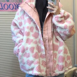 Double-sided Fuzzy Woolen Jackets Plus Size Autumn Winter Faux Fur Coat Women Cotton-padded Jacket Cow Print Outerwear Cute