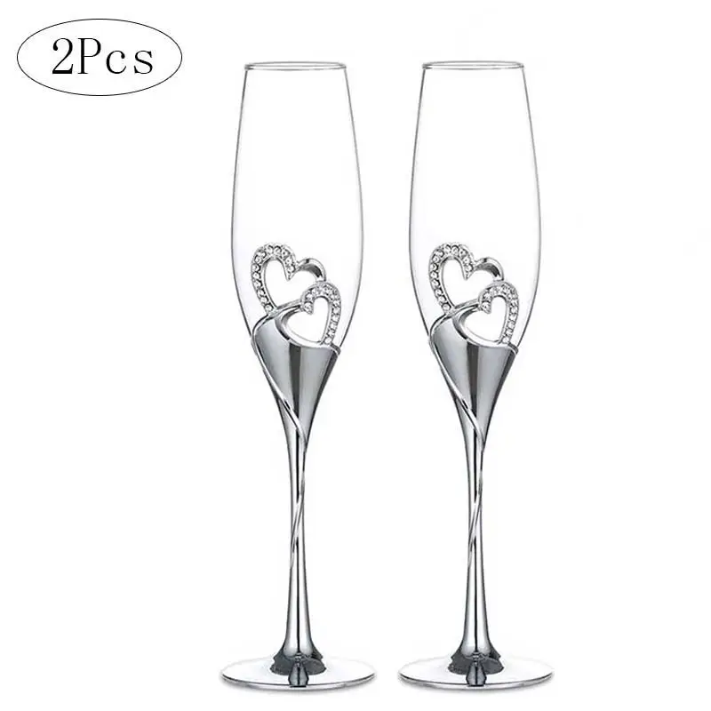 2Pcs Heart Shape Wine Glass Wedding Champagne Glasses Lover Rhinestone Wedding Glass Crystal Goblet Banquet Wedding Decoration