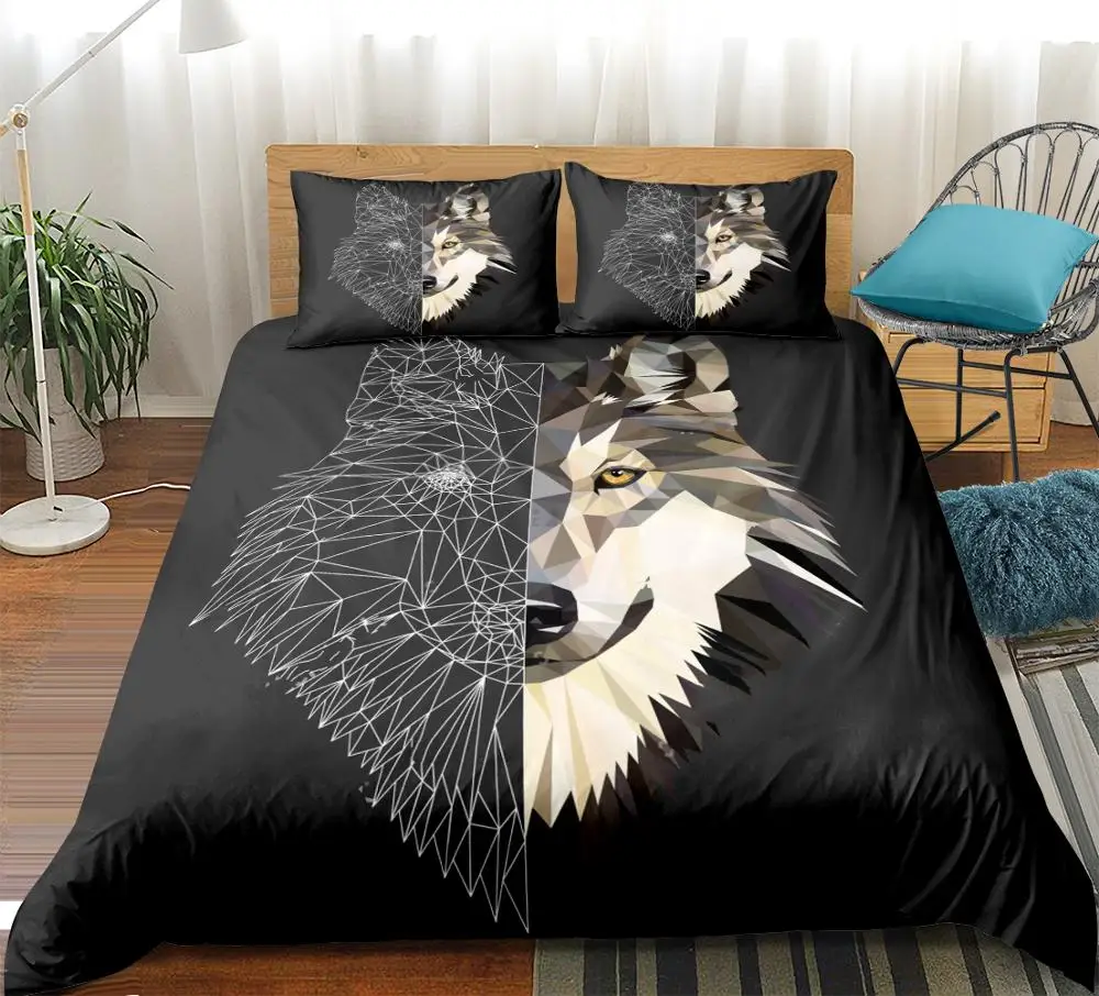 Black Wolf Duvet Cover Set Wild Animal Bedding Triangular And