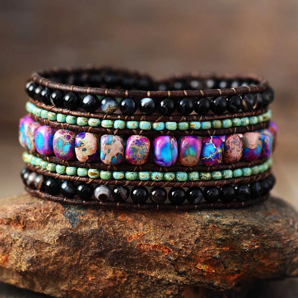 Latest Handmade Multi Row Leather Wrap Bracelet VintageBlack Beads Natural Stone Weaving Cuff Bangles Bracelets Bohemian Jewelry