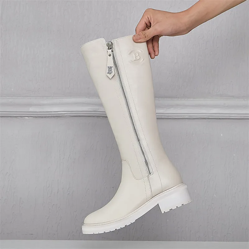 Meotina Winter Riding Boots Women Natural Genuine Leather Thick Heel Knee High Boots Zip Round Toe Shoes Ladies Fall Size 34-39