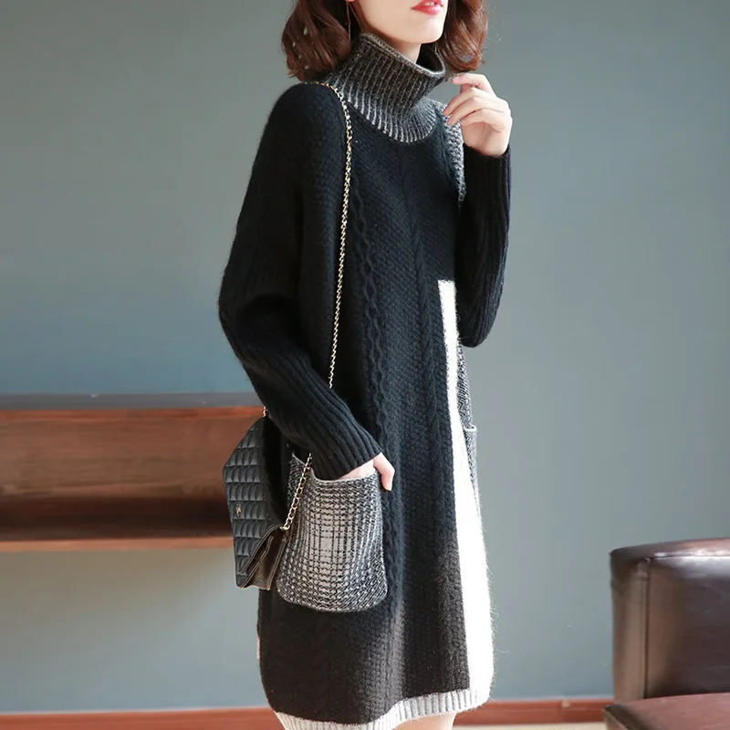 

Ozhouzhan High Collar Long Sleeve Mid-length Dress Women's Autumn And Winter 2018 New Style WOMEN'S Dress Base Sweater Dress Wom