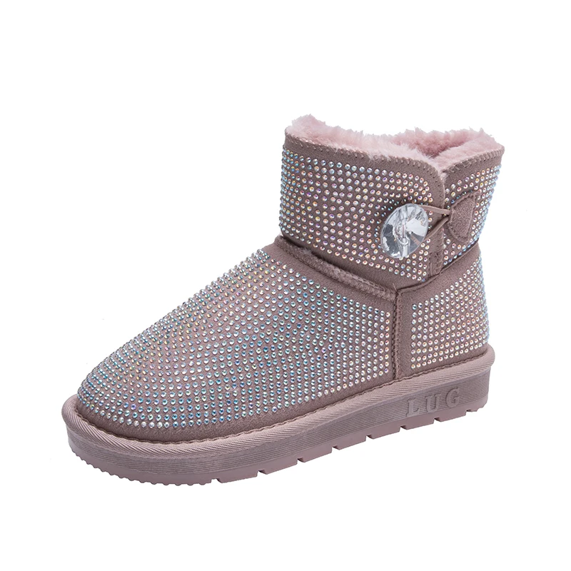 New Sexy Rhinestone Buttons Ankle Boots Women Flat Keep Warm Snow Boots Shoes Woman Short Plush Winter Shoes Botas Mujer