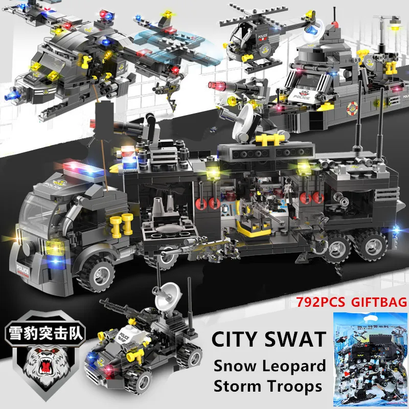 Skup 792 sztuk Navy SEALS wojskowy helikopter okręt wojenny policja SWAT LegoINGs zestawy klocków budowlanych Playmobil Technic DIY dzieci cegły zabawki