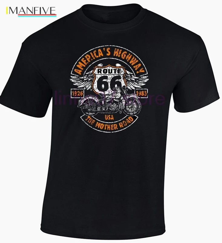 cheap Route 66 America Highway Classic Cool T shirt Bikee Indy Chopper Vintage Print Top Tee Mens Summer Short Sleeve Shirt Plus Size