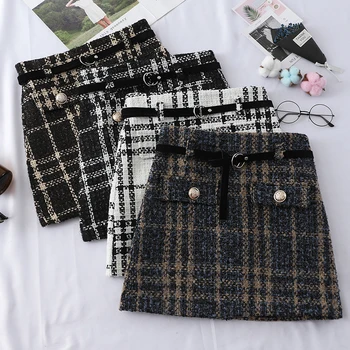 

Elegant Women Plaid Skirts Winter Vintage Ladies Mini High Waist Skirts Sashes Button Female A-Line Fashion Chic Plaid Skirt