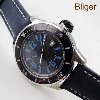 

Bliger 43mm Miyota 8215 Automatic men's watch black dial blue marks luminous turning bezel black leather strap