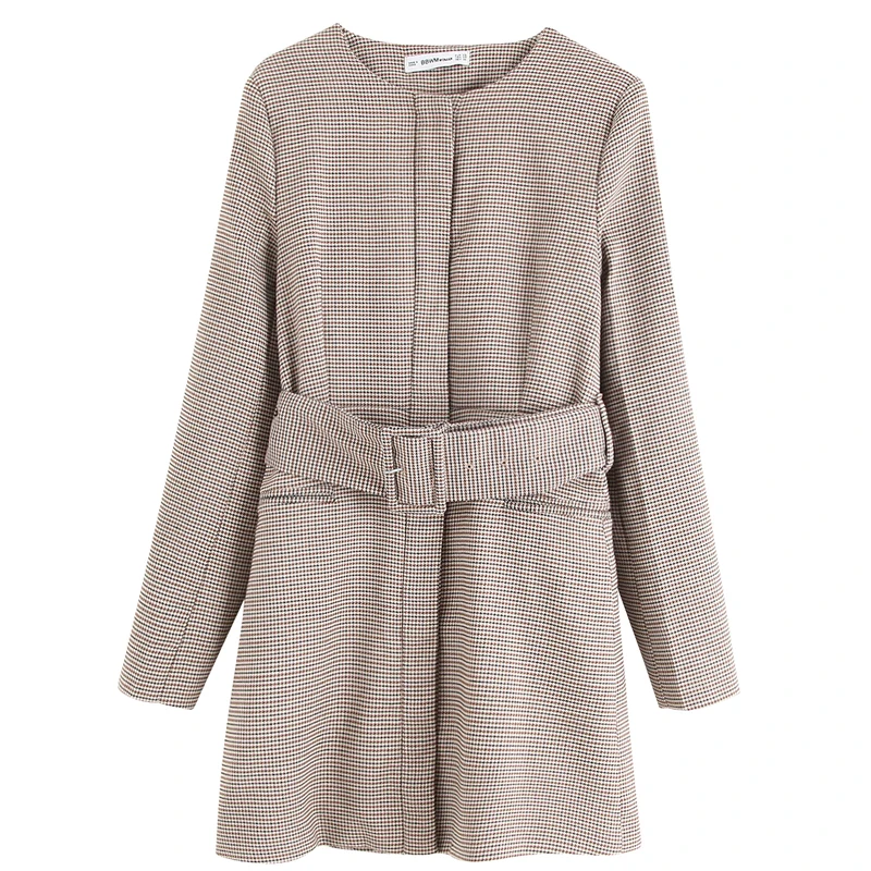 

RR Houndstooth Jackets Women Fashion O Neck Coats Women Elegant Tie Belt Waist Pockets Jackets Female Ladies IL
