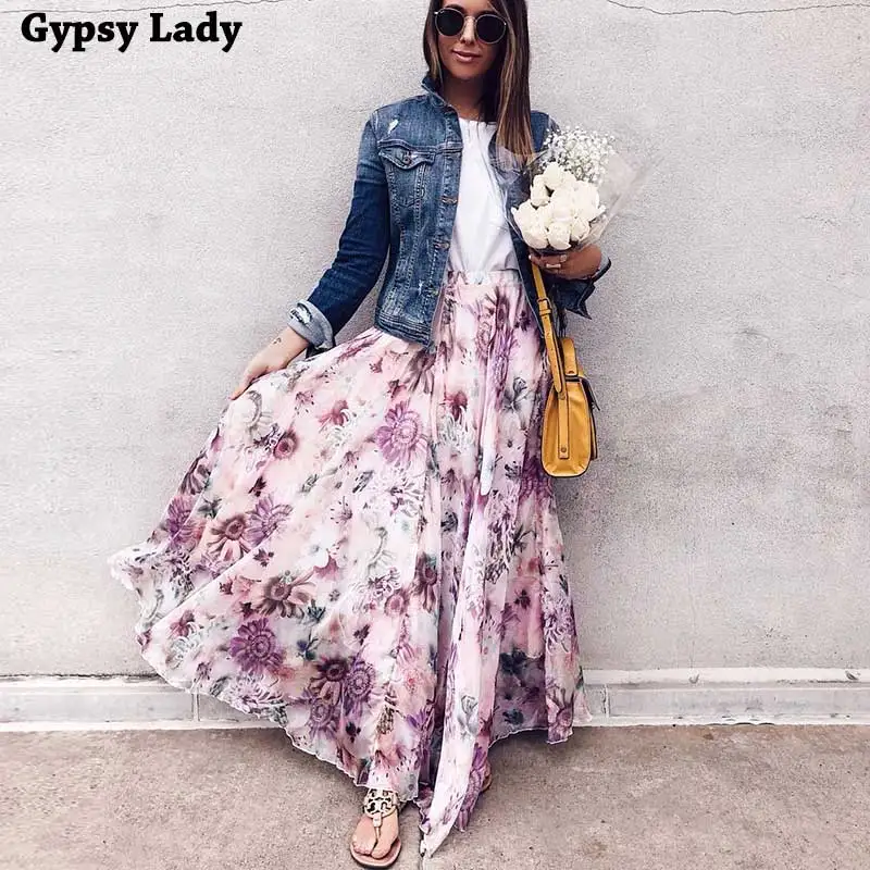 purple pink GypsyLady Цветочная Бохо длинная юбка макси эластичная плиссированная юбка с большим подолом Женская шикарная xanadu летняя юбка Новинка faldas - Цвет: purple pink
