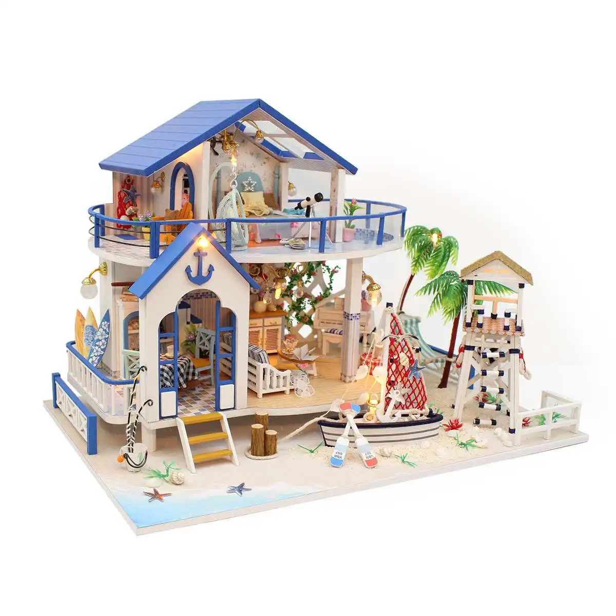

DIY LED Dollhouse Sea Miniature Villa With Furniture DIY Wooden House Room Model Kits Gifts Toy For Kids Birthday Gift