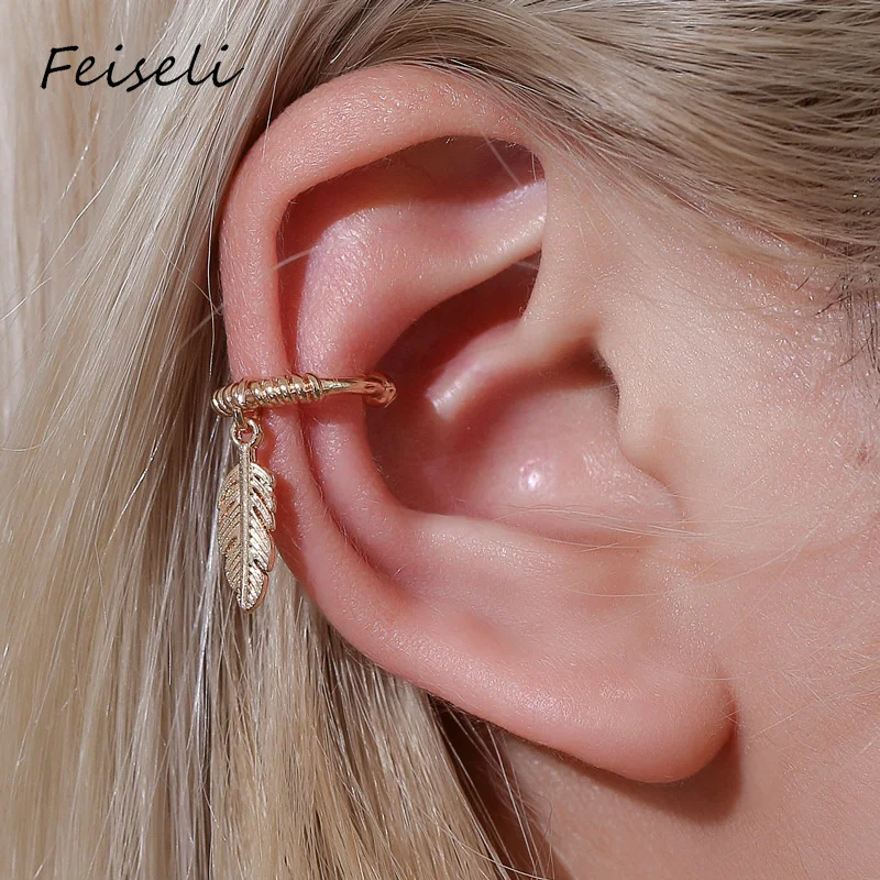Feiseli, 1 шт., новинка, не пирсинг, перья, медные клипсы, серьги для женщин и мужчин, персонализированные металлические серьги, украшения для ушей, подарок