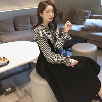 

2019 Bow Neck Women Two Pieces Dress Set Pullover Round Neck Long Sleeves Autumn Outfits Plus Sizes 4XL