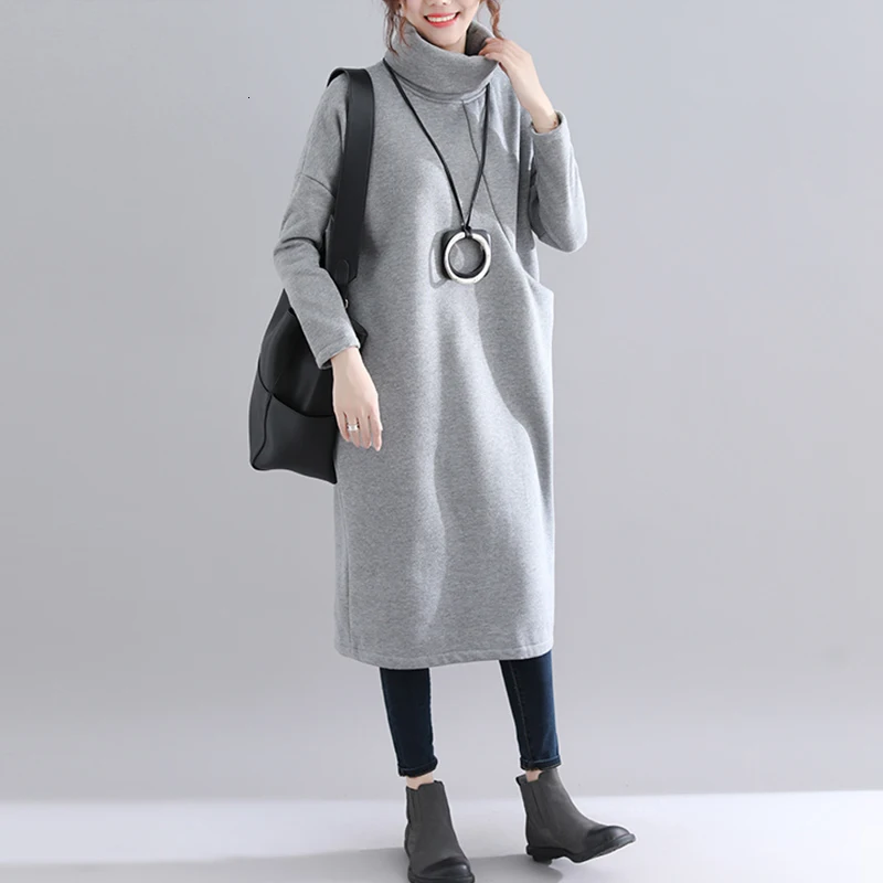 

#0924 Solid Color Cotton Thick Dresses Women Winter Casual Loose Dresses Women Large Size Pocket Warm Dresses Female Clothing
