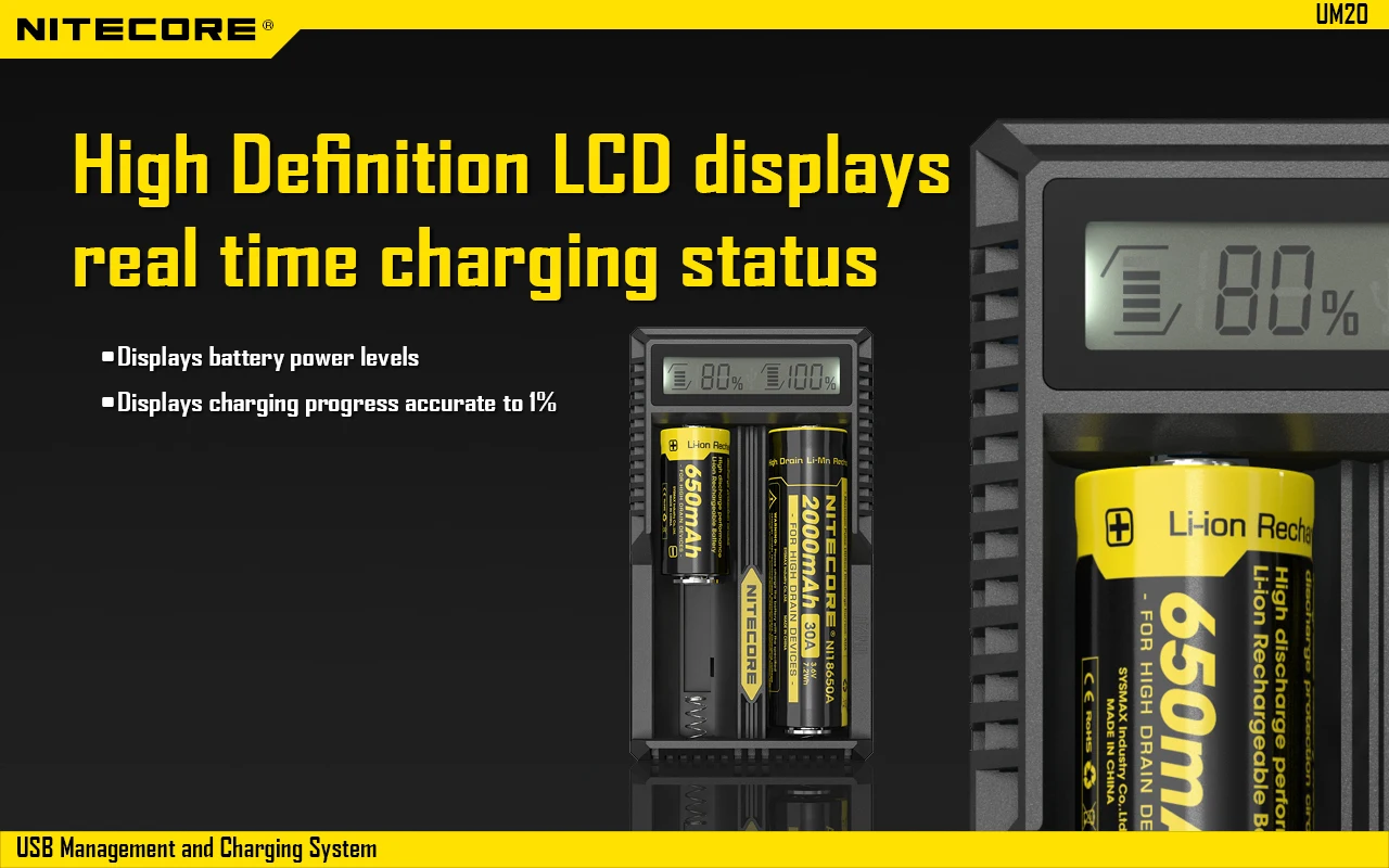 Nitecore UM2 UM4 ЖК-дисплей QC2.0 USB зарядное устройство UM10 UM20 18650 18350 16340 14500 анти короткая схема литий-ионная батарея зарядное устройство s