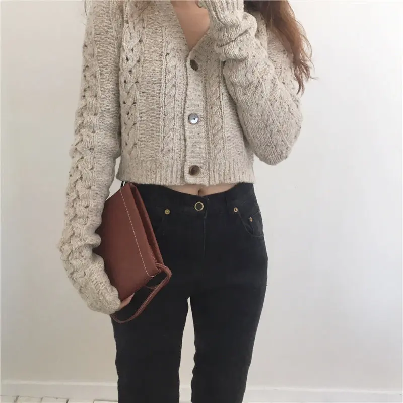 HziriP Vintage All-Match V-Neck Sexy Cardigans Twisted Hollow Out Fashion Slim Loose Knitted Women Casual Tops Short Sweaters