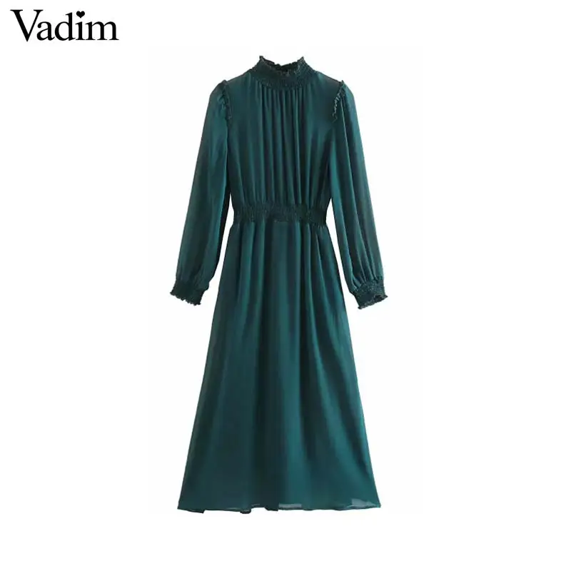 Vadim женское шикарное шифоновое зеленое платье миди с длинным рукавом и эластичной талией, прозрачные женские стильные шикарные однотонные платья vestidos QD138