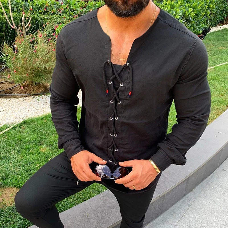 

Men Autumn Shirts Casual BlouseSolid Linen Drawstring Male Long Sleeve Tee Shirt Loose Tops Slim Fit V-neck TShirt Streetwear