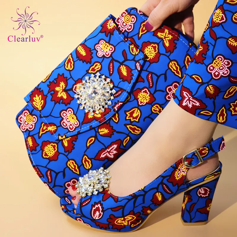 

Italian Matching Shoe and Bag Set Blue Color Italian Shoes with Matching Bag for African Party High Quality Buckle Heel Sandals