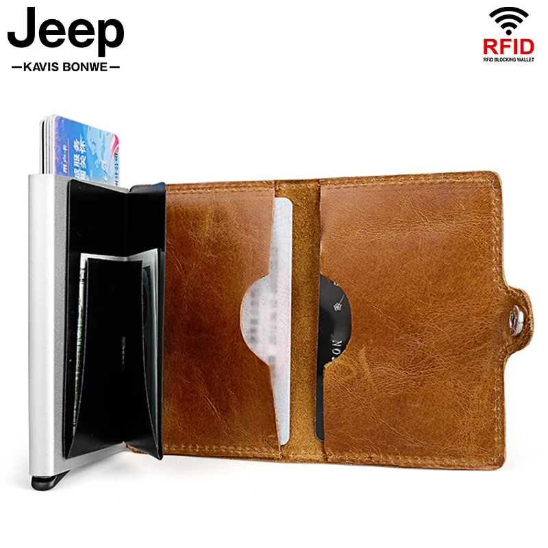 Baratos Grabado gratis Rfid cuero hombres aluminio cartera Casual tarjeta de crédito titular bloqueo Mini Magic Wallet automático tarjeta monedero