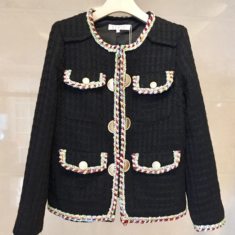 

High Quality Handmade Tweed Jacket Coat Women 2019 Winter Small Fragrant Color Weave Thick Casaco Feminino Metal Buckle Jacket