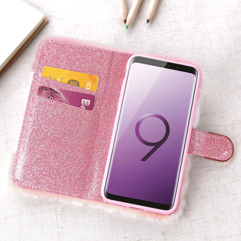 Pepmune Роскошный кожаный чехол-книжка с пушистый меховой чехол для samsung A7 A6 A8 A3 блестящий кожаный чехол-бумажник с крышкой для Galaxy J4 Plus J6 J3