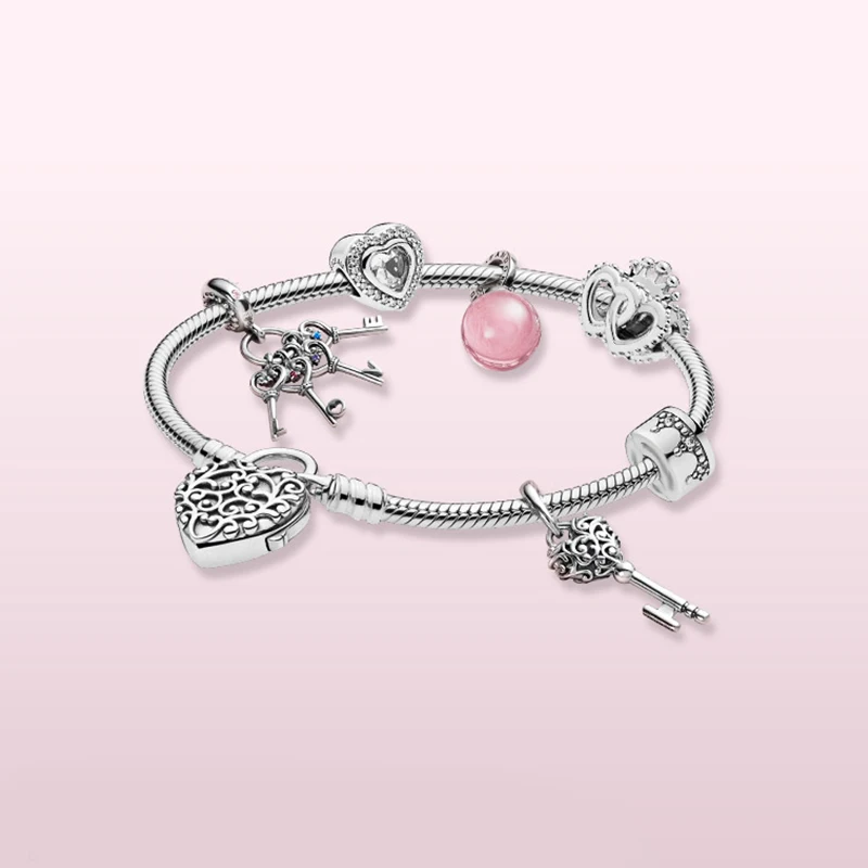 KAAOER ювелирные изделия 925 пробы серебро 11 pandoras ключ-сердце, замок любовь личности простой браслет, украшения для женщин