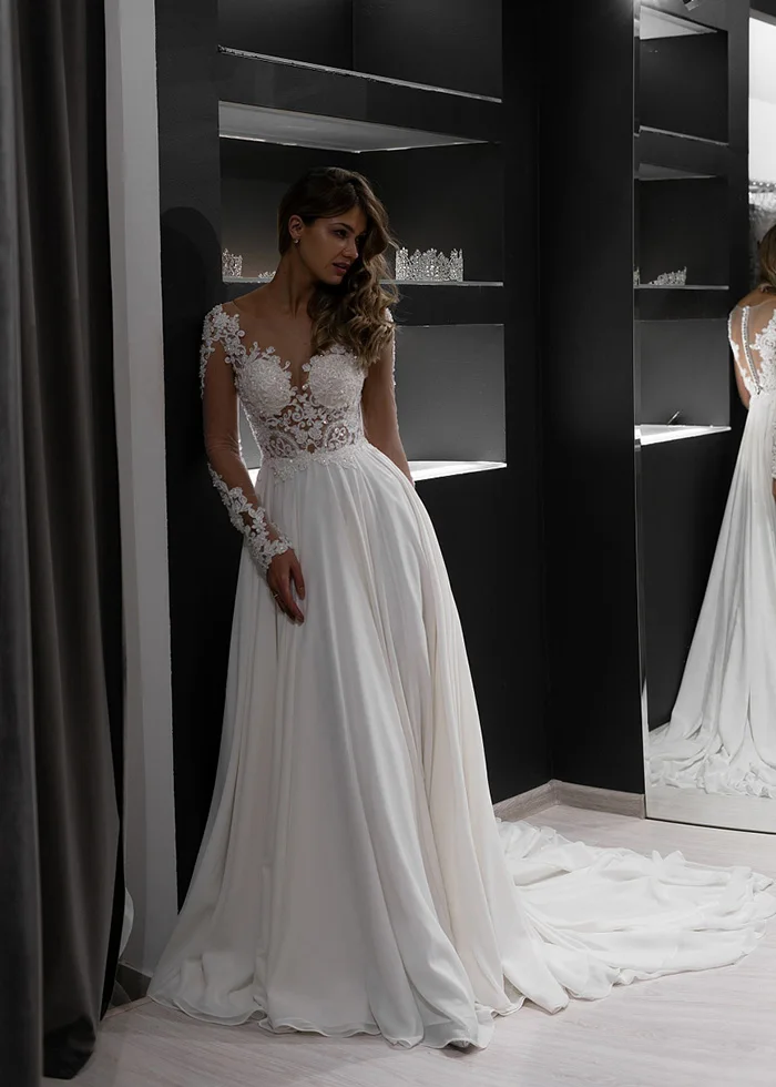 ADLN Прозрачные Свадебные платья с длинными рукавами Vestidos De Novia Совок бисер блесток аппликация свадебные платья из шифона