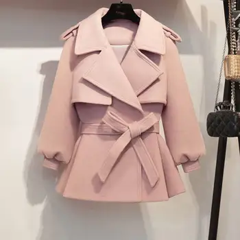 

2019 New Autumn Winter Coat Women Woolen Short Jacket Female Vintage Slim Jackets Belt Pink Coats Casaco Feminino