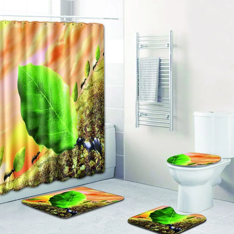 

4pcs/set Modern Print Floormat Bathroom Shower Curtain Waterproof Polyester Anti-slip Toilet Cover Bath Mat Rug Carpet Home