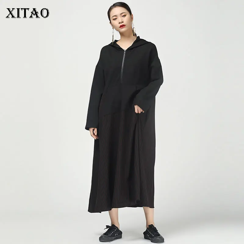 XITAO лоскутное Полосатое хит разноцветное платье женская одежда модное элегантное платье размера плюс с капюшоном и воротником DMY1408