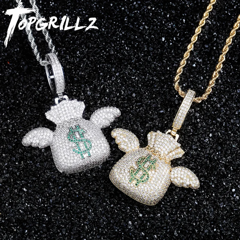 Topgrillz Us Dollar Money Bag Pendant Necklace With 4mm Tennis Chain