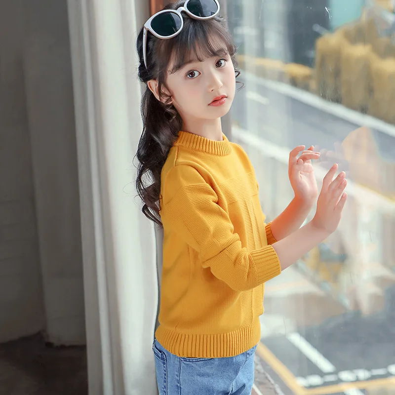 Girls Korean-style Sweater Pullover Autumn And Winter O Neck Crew Neck Big Boy Striped T-Cotton Plus Velvet Thick - Цвет: Yellow