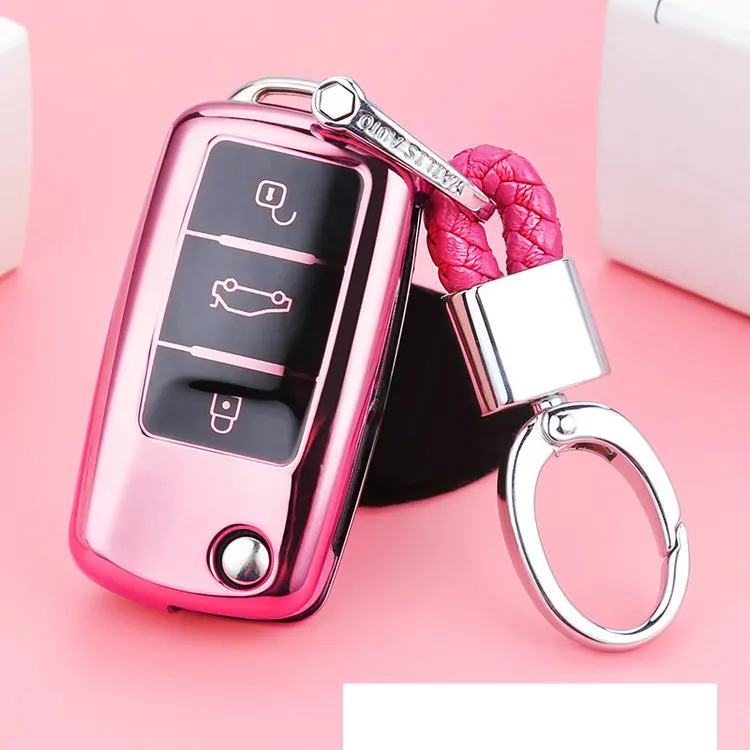 pink with keychain TPU высокого качества Автомобильный ключ чехол для ключей подходит для Volkswagen Tiguan Bora Passat B5 B6 Jetta ключ VW чехол - Название цвета: pink with keychain
