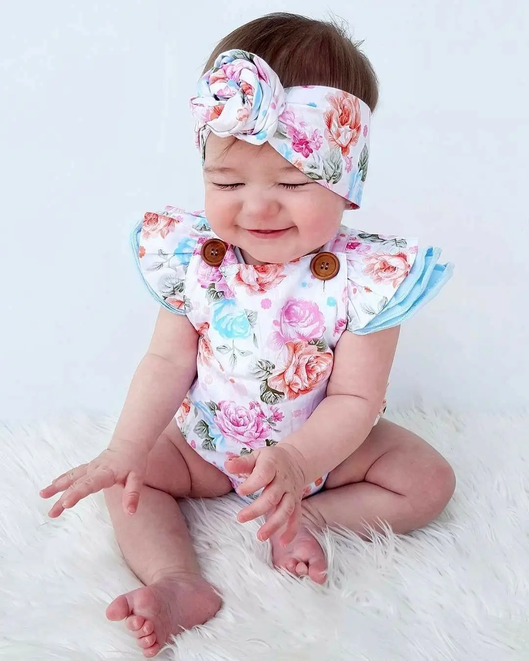 Baby Bodysuit Girls Floral Jumpsuit Short Sleeveless Clothes Bodysuit+ Headband Sunsuit Kids Outfit Newborn 2Pcs Set