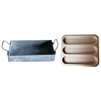 

Rectangular French Country Antique Iron Serving Trays & Baguette Pan for French Bread Baking 3 Holes Loaves Loaf Mold