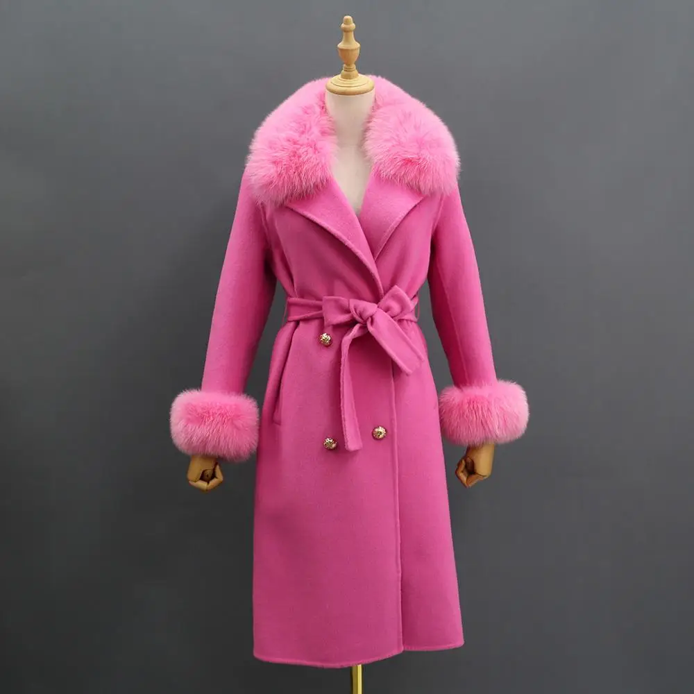 Длинное кашемировое пальто с поясом воротником из натурального Лисьего меха и