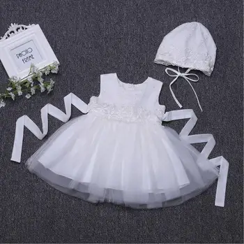 

Off White Baptism Baby Birthday Gowns Infant Baby Girl Dress Tutu Embroidery Flowers Dresses for Baby Girl Wedding Outfit Hat