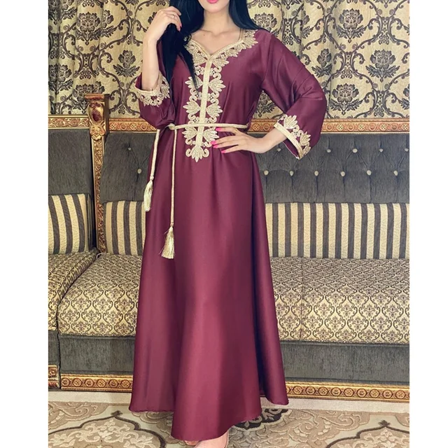 Jalabiya Hijab Dress for Women 2022 New Fashion Muslim Dubai Arabic Moroccan Kaftan Robe Maroon Golden New 2