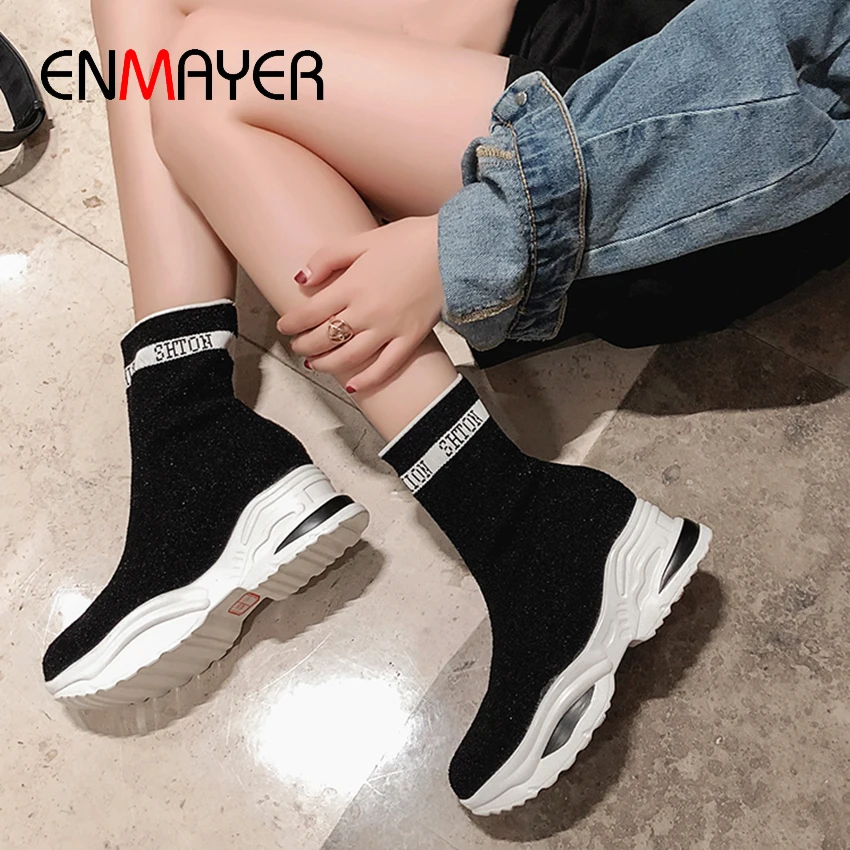 

ENMAYER Sneakers Flat with Slip-On Stretch Fabric Sports Boots Bordered Pattern Letters Boots Women Black Boots Platform Boots