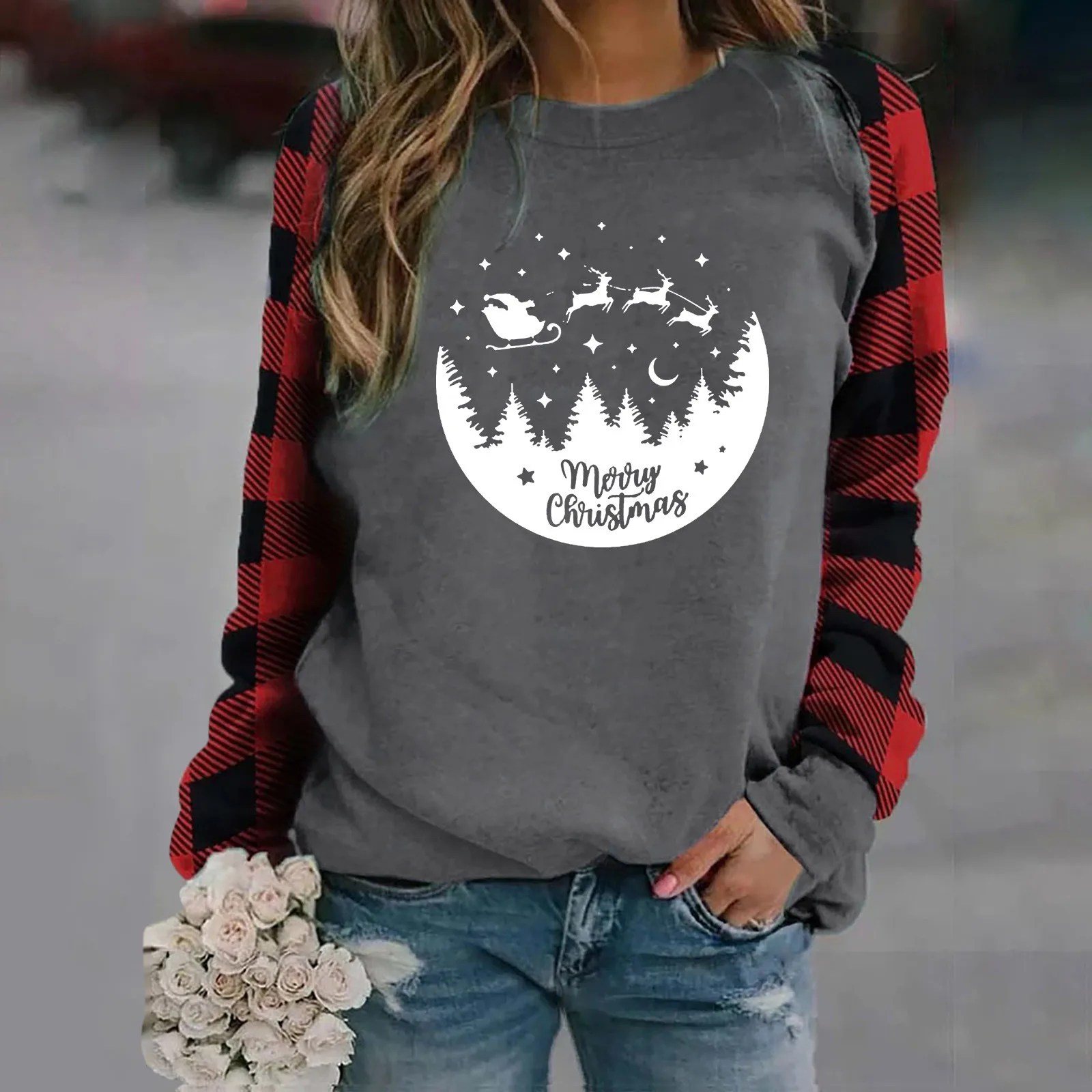 Womens Christmas Clothes Plaid Christmas Truck Merry Christmas Shirt Xmas Hoodie Pullover Long Sleeve Casual Sweatshirt 2021 1