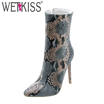 

WETKISS Sexy Snake Skin Pu Boots Women Stiletto Heels Ankle Boot Female Party Shoes Ladies Pointed Toe Shoes Winter Big Size 48