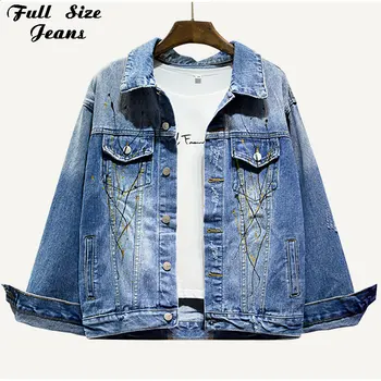 

Plus Size HighStreet Graffiti Painting Bomber Jeans Coat 4Xl 5Xl Spring Digital Alphabet Printing Short Denim Jackets Chi Tops