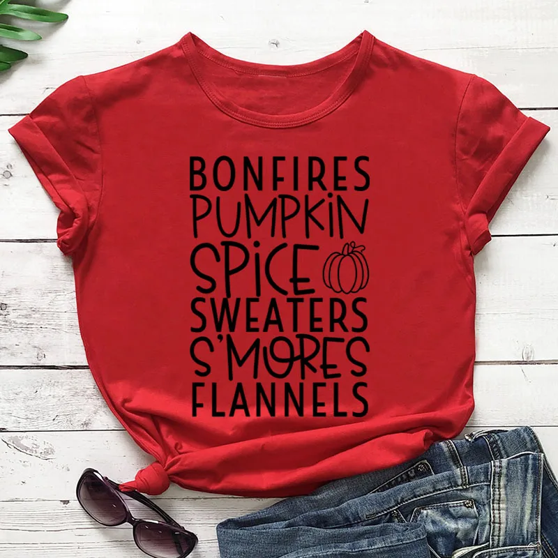 red tee black text Bonfires/свитера с изображением тыквы и специй; фланелевые футболки; Осенняя желтая одежда; Футболка с принтом тыквы для Хэллоуина; популярный топ с принтом тыквы - Цвет: red tee black text