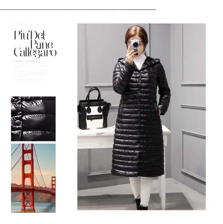 Ozhouzhan Winter New Style Korean-style Lightweight Hooded down Jacket Long WOMEN'S Coat