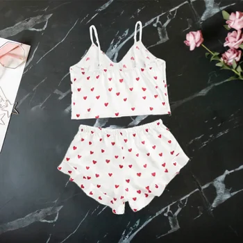 

Women Sexy Camis Sling Shorts Pajama Suit Satin Home Service Sweet Print Pajamas Two-piece Set