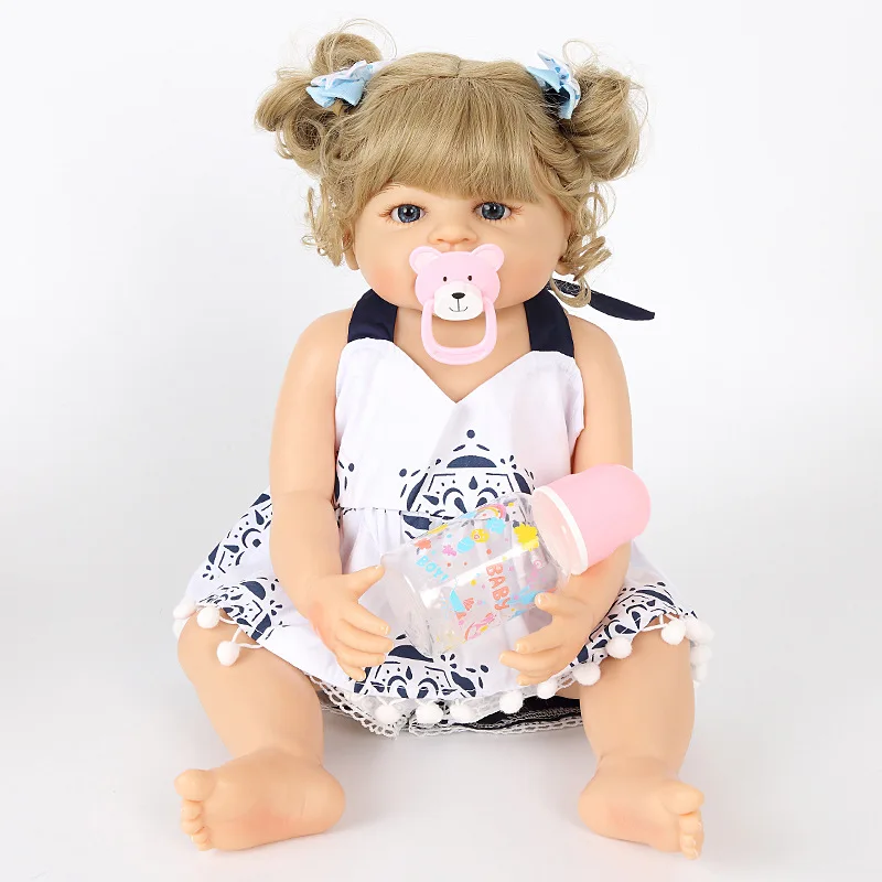 

55CM Reborn Baby Doll Toy Full Silicone Traditional Pattern Dress Cloth Body Short Hair Realistic Baby Doll Toddler Kids Toy