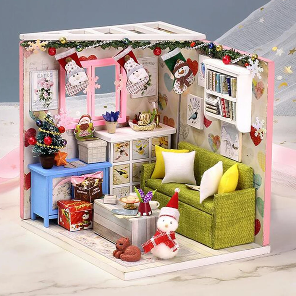3D Wooden Miniature Doll House Furniture DIY Assembly Model with Cover Kids Toy