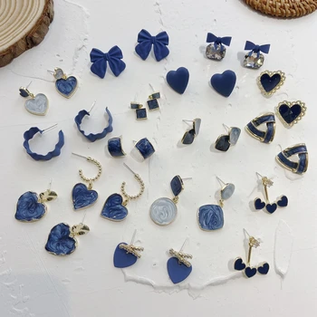 

Fashion Wholesale Navy Glaze Geometric Heart Drop Earrings For Women Girls Vintage Party Pendientes Jewelry Gift